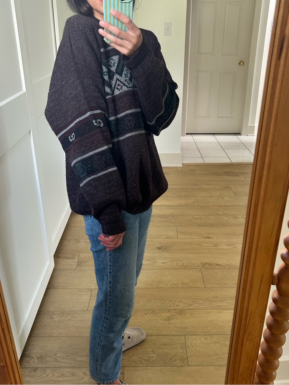 Vintage Brown Crewneck Sweater with Teal and Gray Pattern